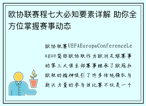 欧协联赛程七大必知要素详解 助你全方位掌握赛事动态