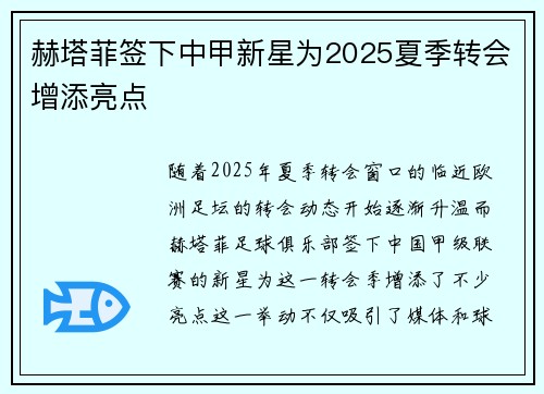 赫塔菲签下中甲新星为2025夏季转会增添亮点